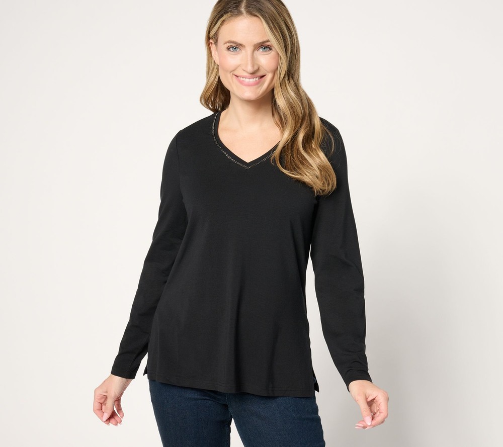 Maya J Women's Top Sz M TripleLuxe Knit Sparkle V Neck Black A670895