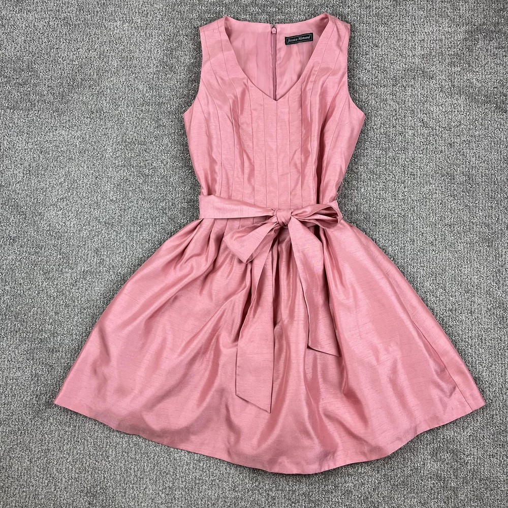 Jessica Howard Dress Womens 6 Pink Fit & Flare Sleeveless Belted V Neck Party