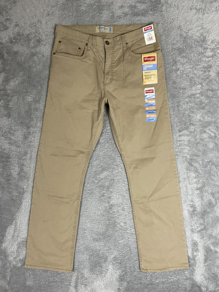 Wrangler Pants Mens 34x30 Khaki Straight Fit Flex Comfort Lower Waist Casual