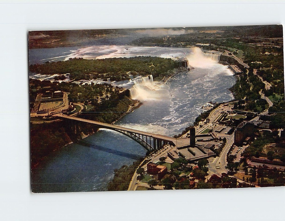 Postcard Aerial Panoramic View Niagara Falls Rainbow Bridge Ontario Canada