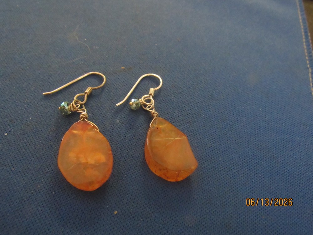 Vintage Sterling Silver Freeform Design Stone Of Amber Pierced Wire Earrings