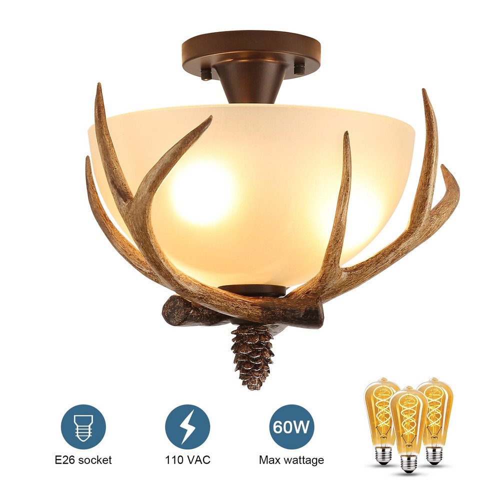 60W Bronze Antler Glass 3-Light Semi-Flush Ceiling Fixture