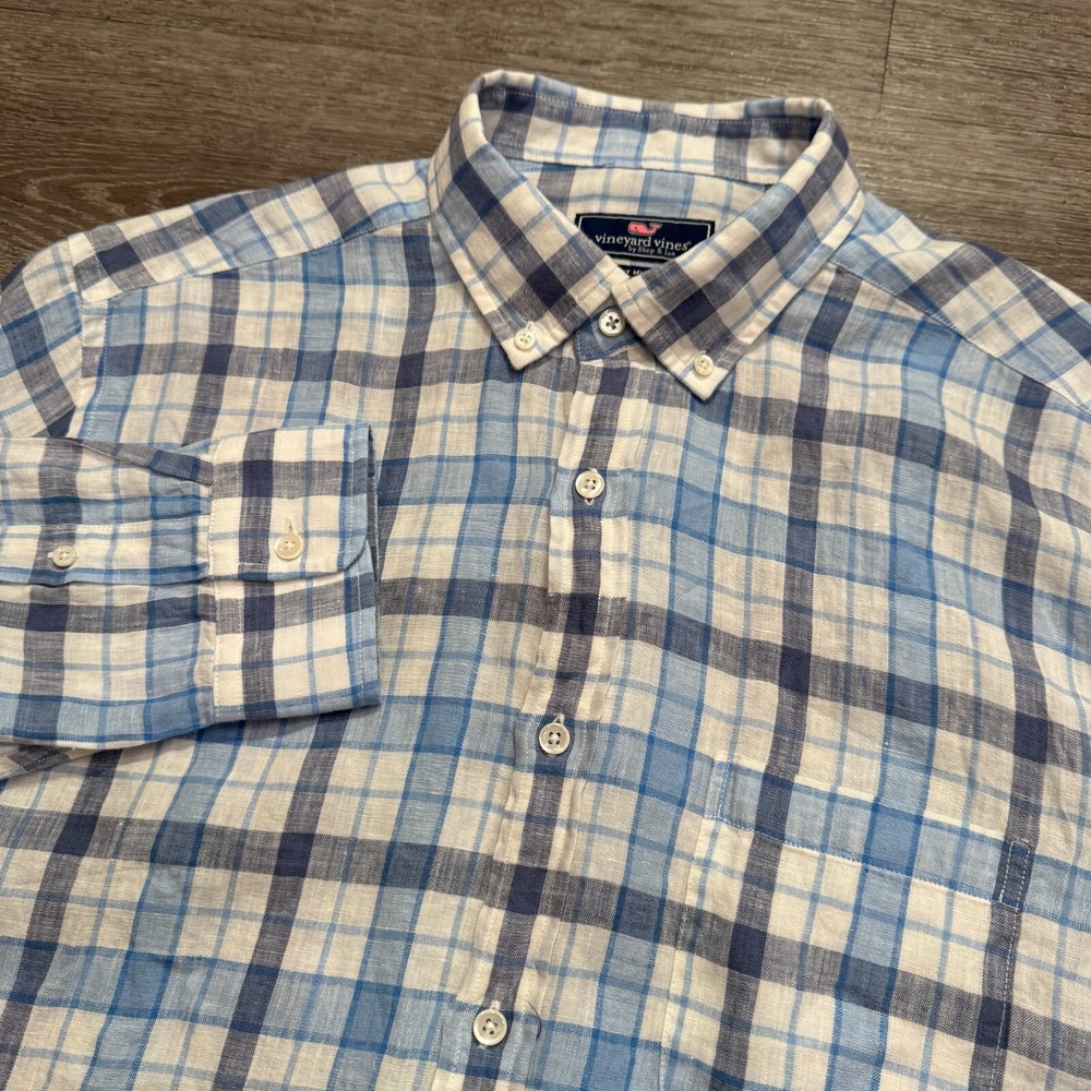 Vineyard Vines Shirt Mens Large Blue Plaid Murray 100% Linen Button Up Costal