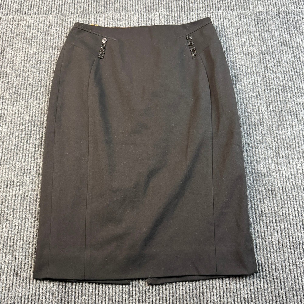 White House Black Market Size 2 Black Pencil Skirt Leopard Lining Button Detail
