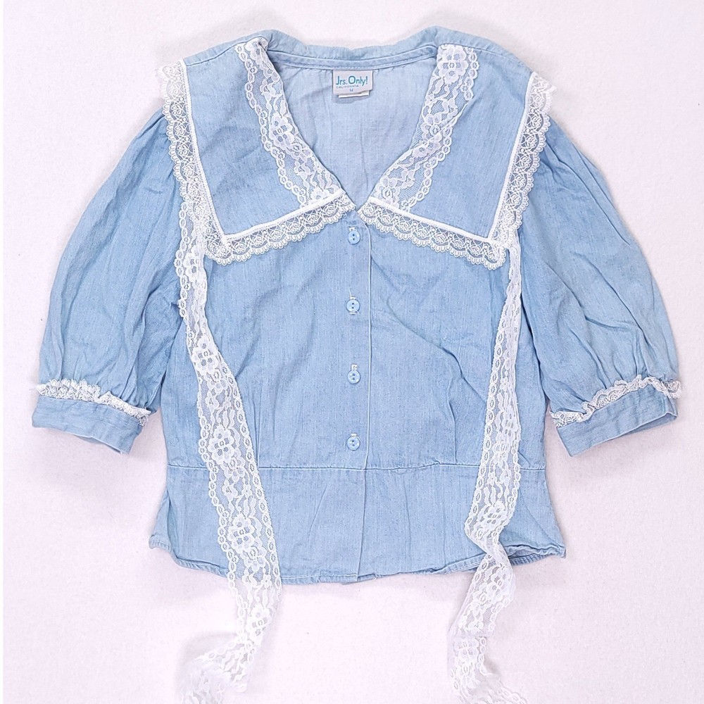 Vintage Jrs Only California Blue Cotton Lace Sailor Collar Puff Sleeve Blouse M