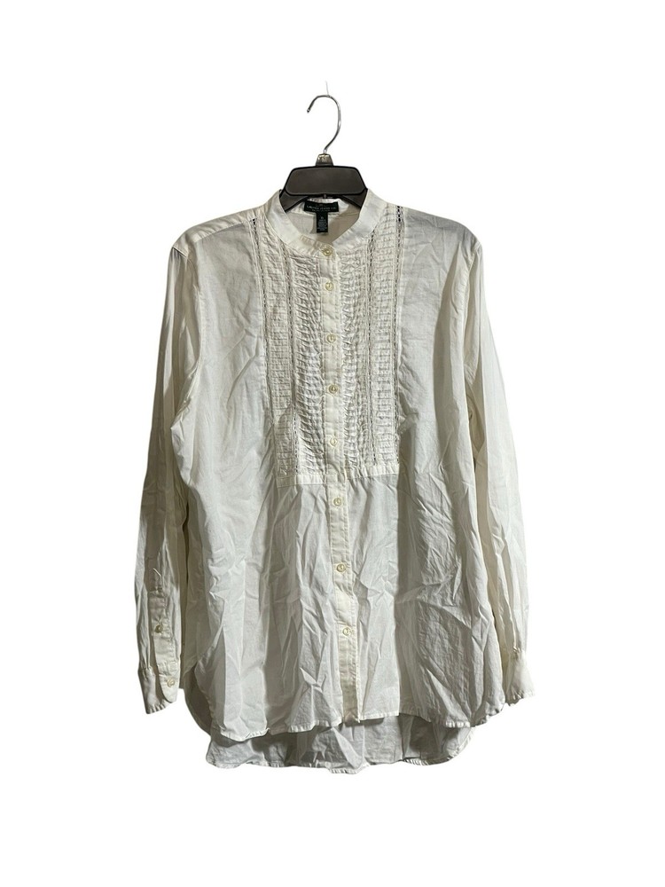 Lauren Ralph Lauren Shirt Sz XL Cream Cotton Pintuck Band Collar Button Up