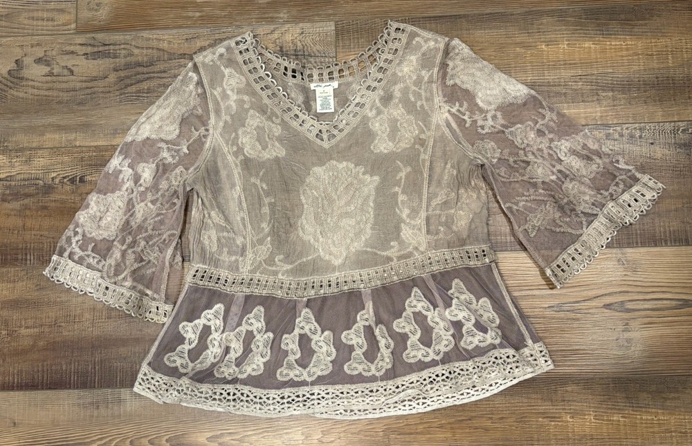 Lace Crochet Sheer Boho Sz M Ivory/brown Feminine Romantic fairy cottagecore
