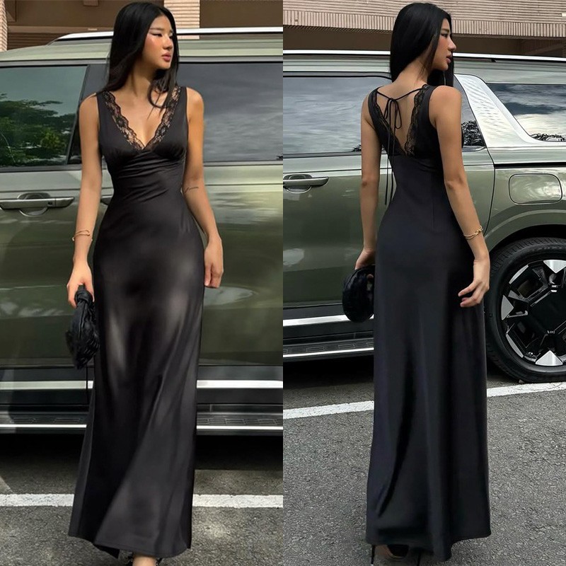 Women Satin Silk Backless Party Summer Lace V Neck Maxi Dress Sleeveless Dresses