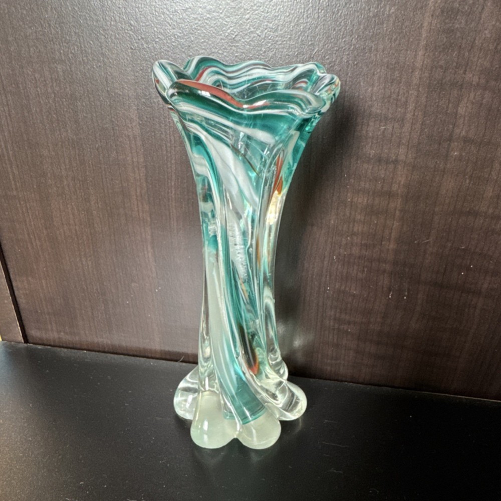Vintage Murano-style art glass bud vase swirl scalloped teal white orange 7 inch