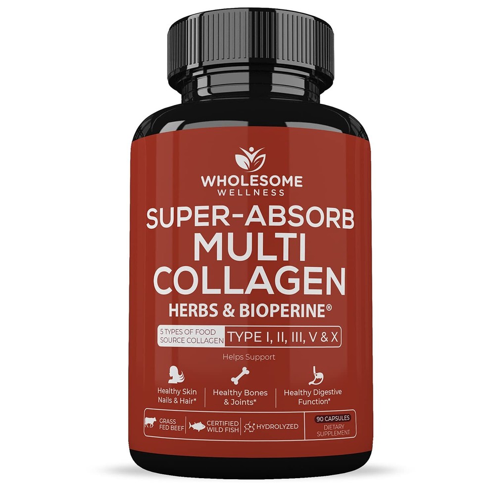 Super-Absorb Multi Collagen (Type I II III V X) Organic Herbs and Bioperine -...