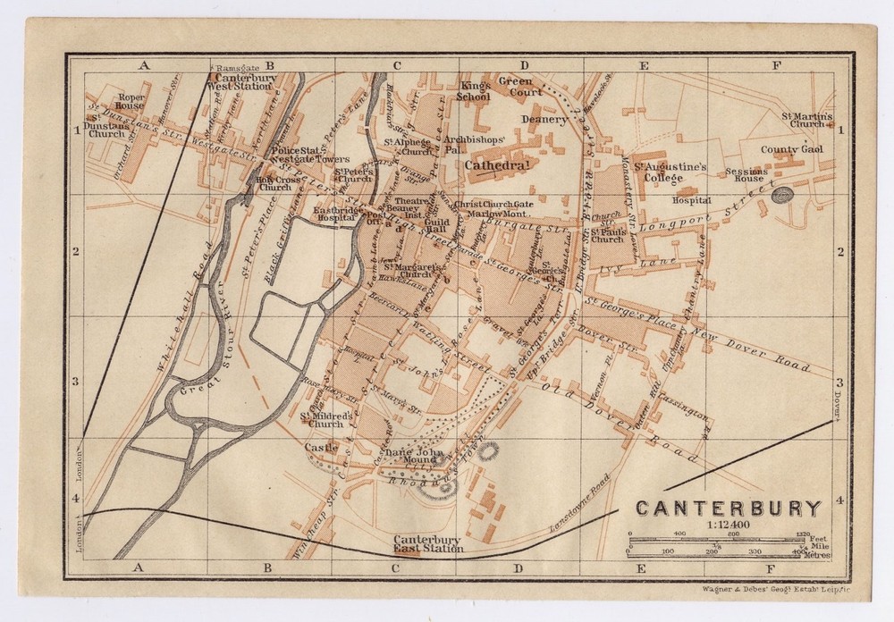 1910 Original Antique City Map Of Canterbury / Kent / England