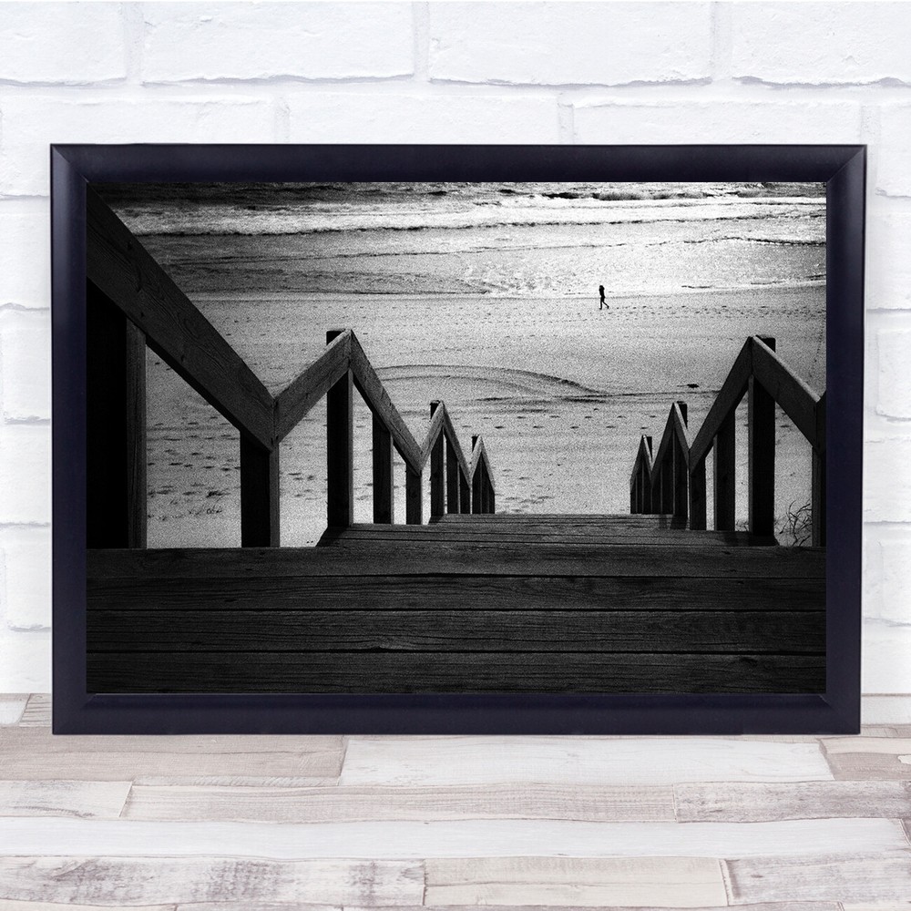 Whispering Solitude wooden staircase to the beach sea Black & White Print