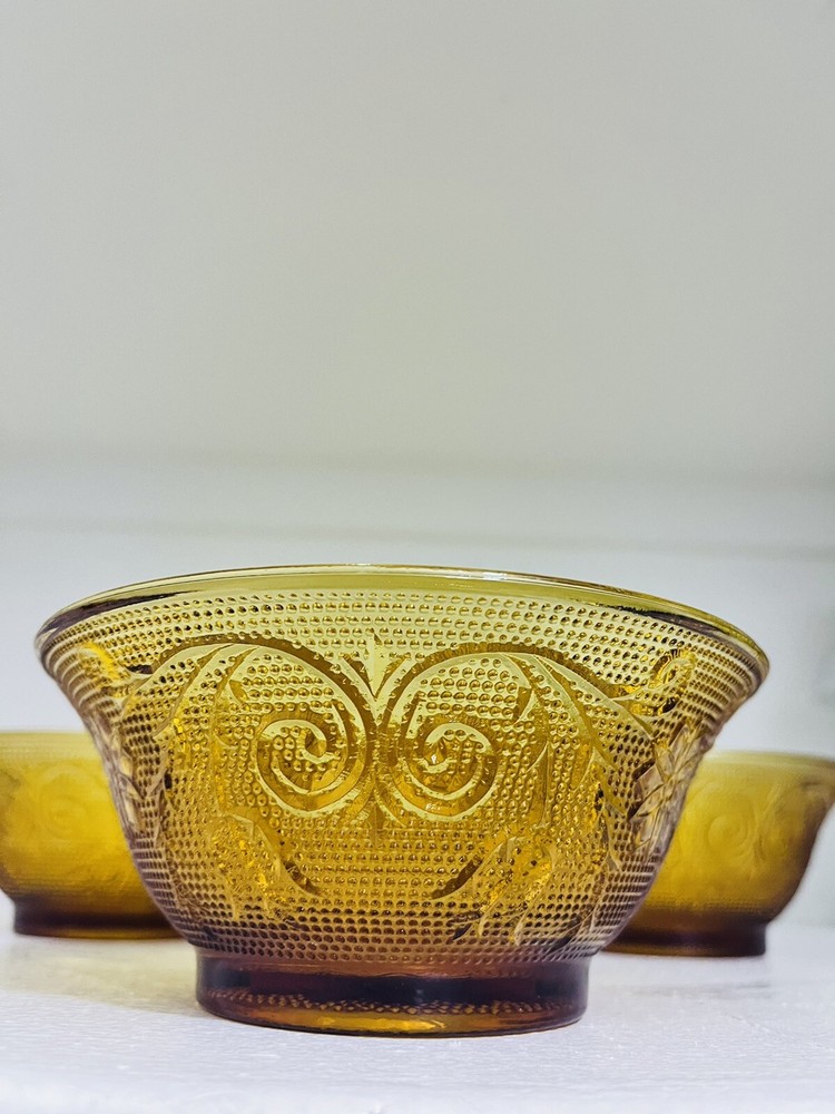 Vintage 70s Tiara Amber Footed Bowls Set of 4 for Salad or Soup