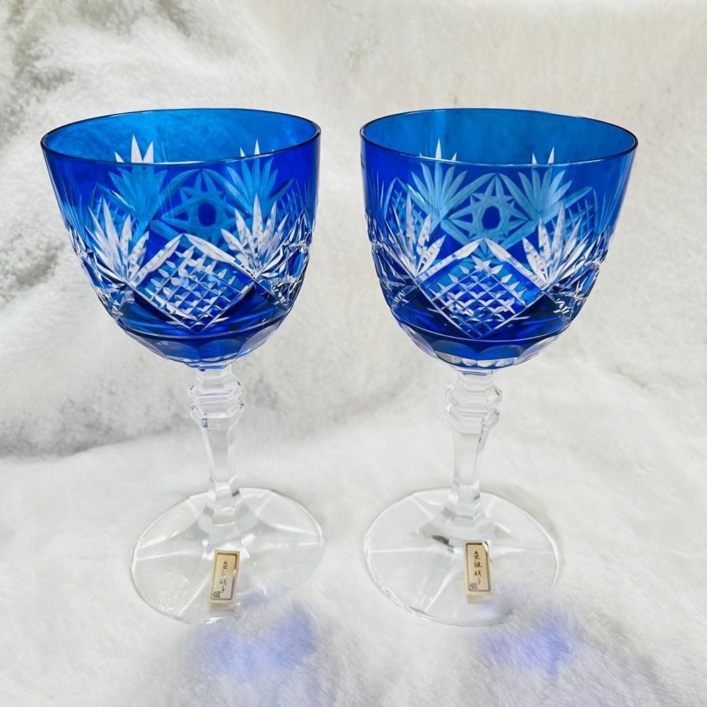 Japanese Edo Kiriko Overlay Cut Glass Wine Goblet Pair Set of 2 Blue from Japan