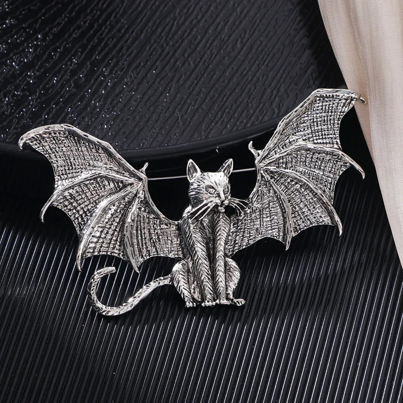Vintage Cat Brooch with Wings Bat Style Pin Funny Animal Silver color Jewelry