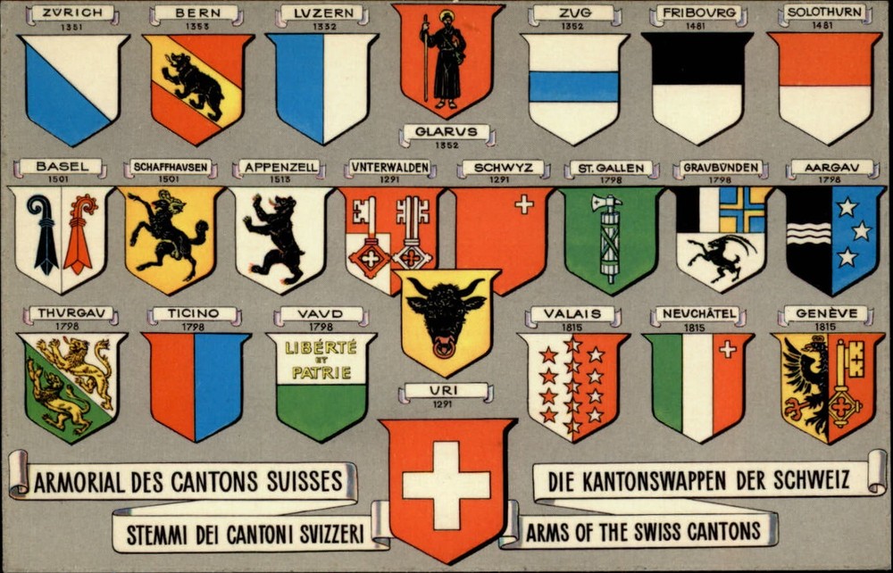 Swiss Cantons Coat of Arms Switzerland vintage postcard s477