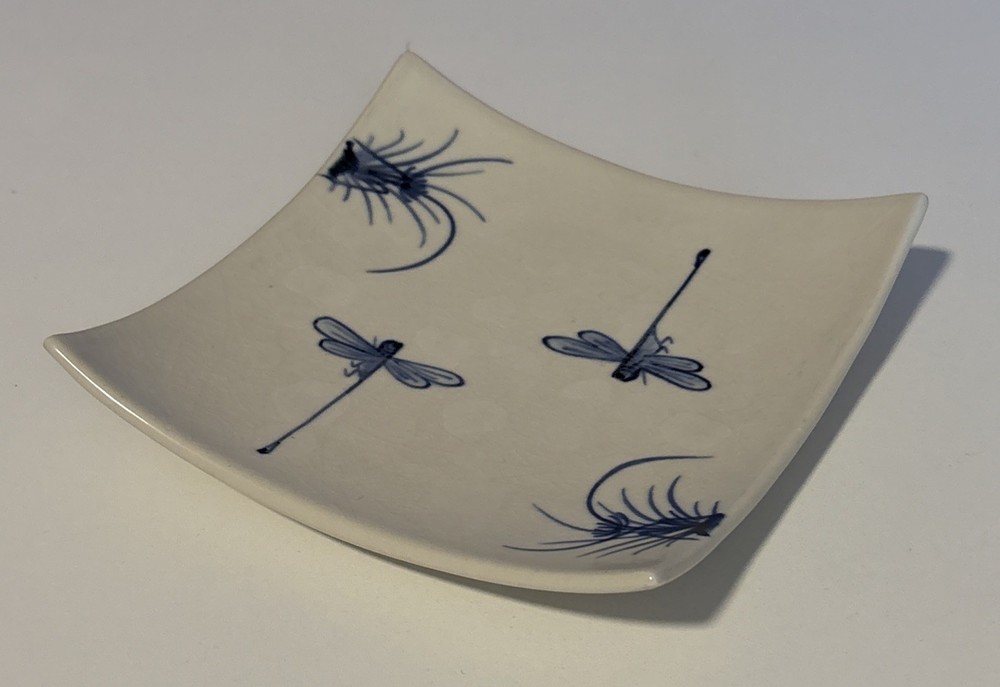 Vintage Asian White and Blue Dragonfly Square China Ceramic Plate Dish 7