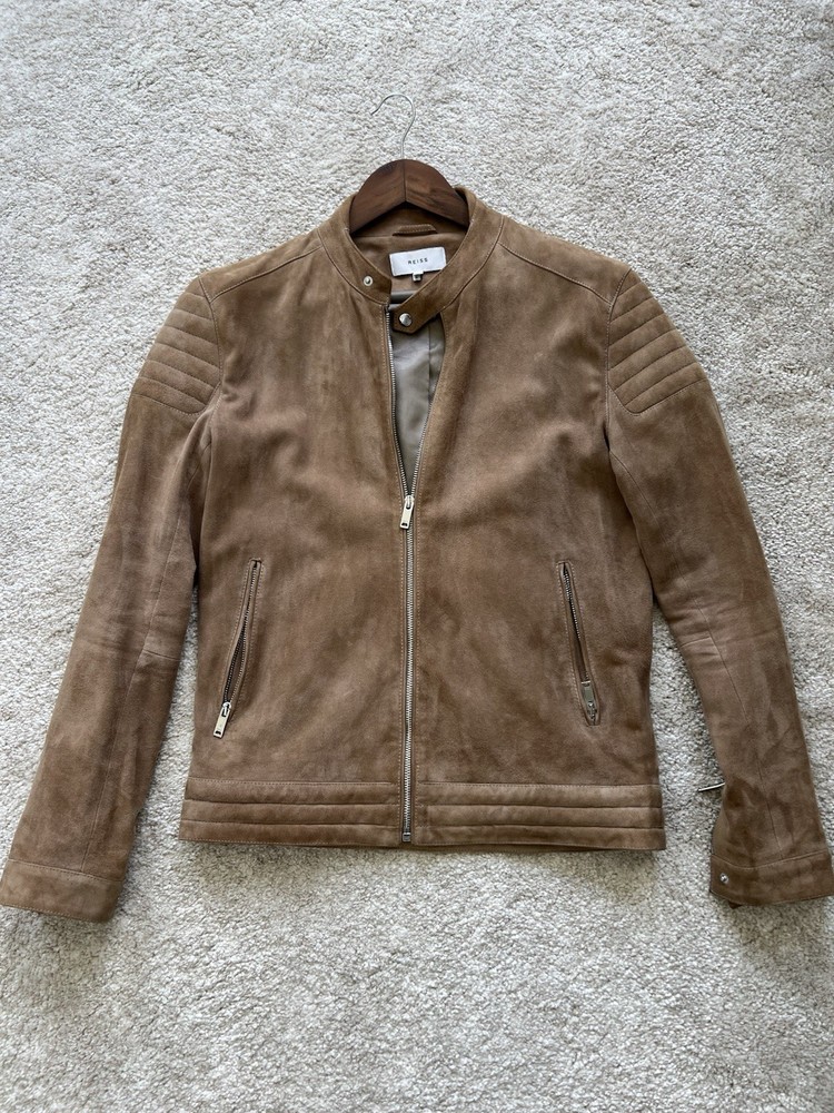 Reiss Brooks Beige Biker S Small $600+ Excellent  Mens Suede Jacket Goat Leather