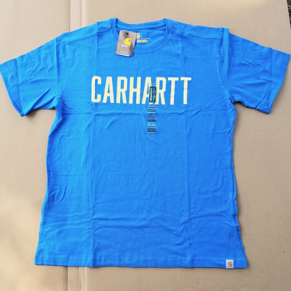 Carhartt T-shirt Men's L - Relaxed Fit Work Wear Spell Out Logo Blue Cotton -NEW