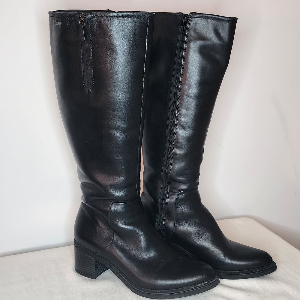 Clarks GORE-TEX Black Leather Knee High Boots Comfort Block Heel Size 9.5