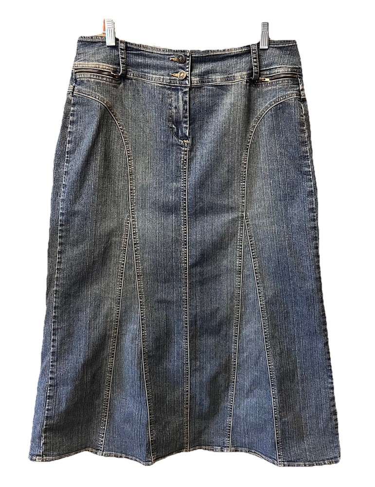 CABI Denim Maxi Skirt Blue Classic School Sz 10 Stretch Pockets