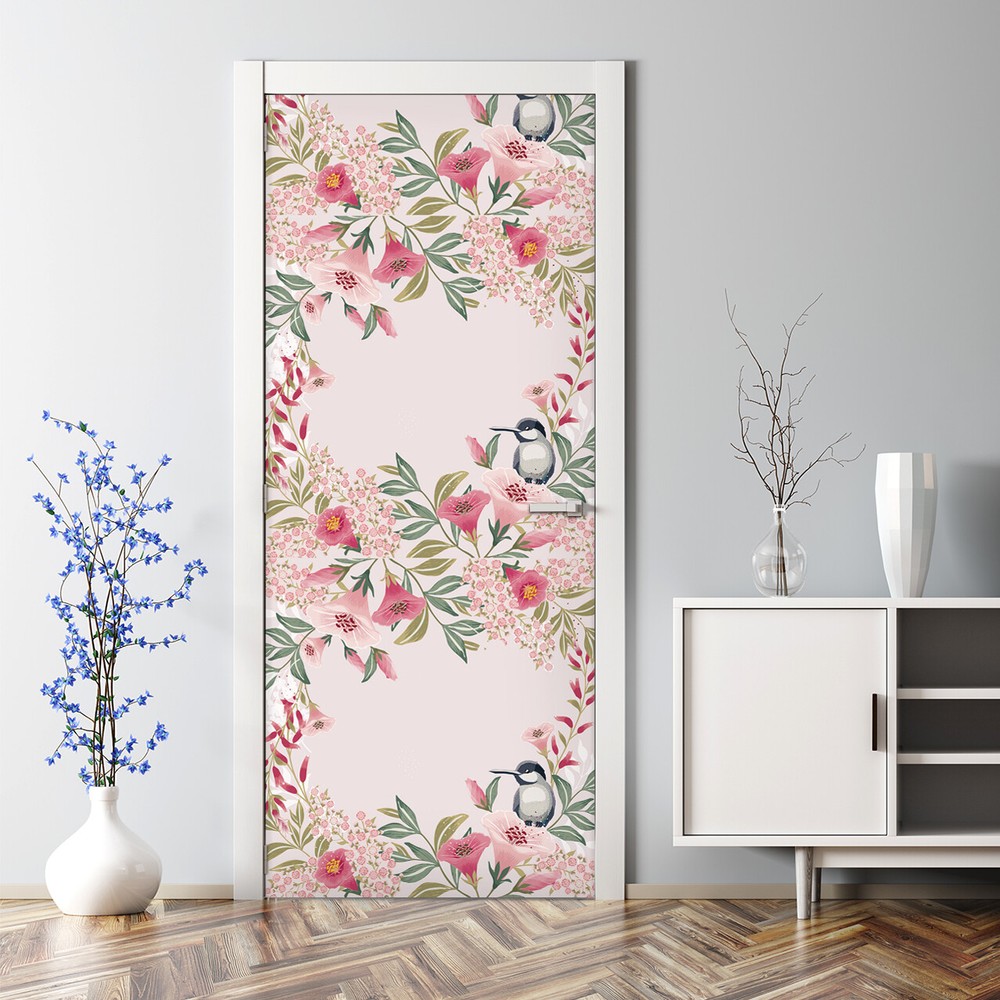 Romantic floral branch Bubble Free Door sticker pink and white Decal Decor
