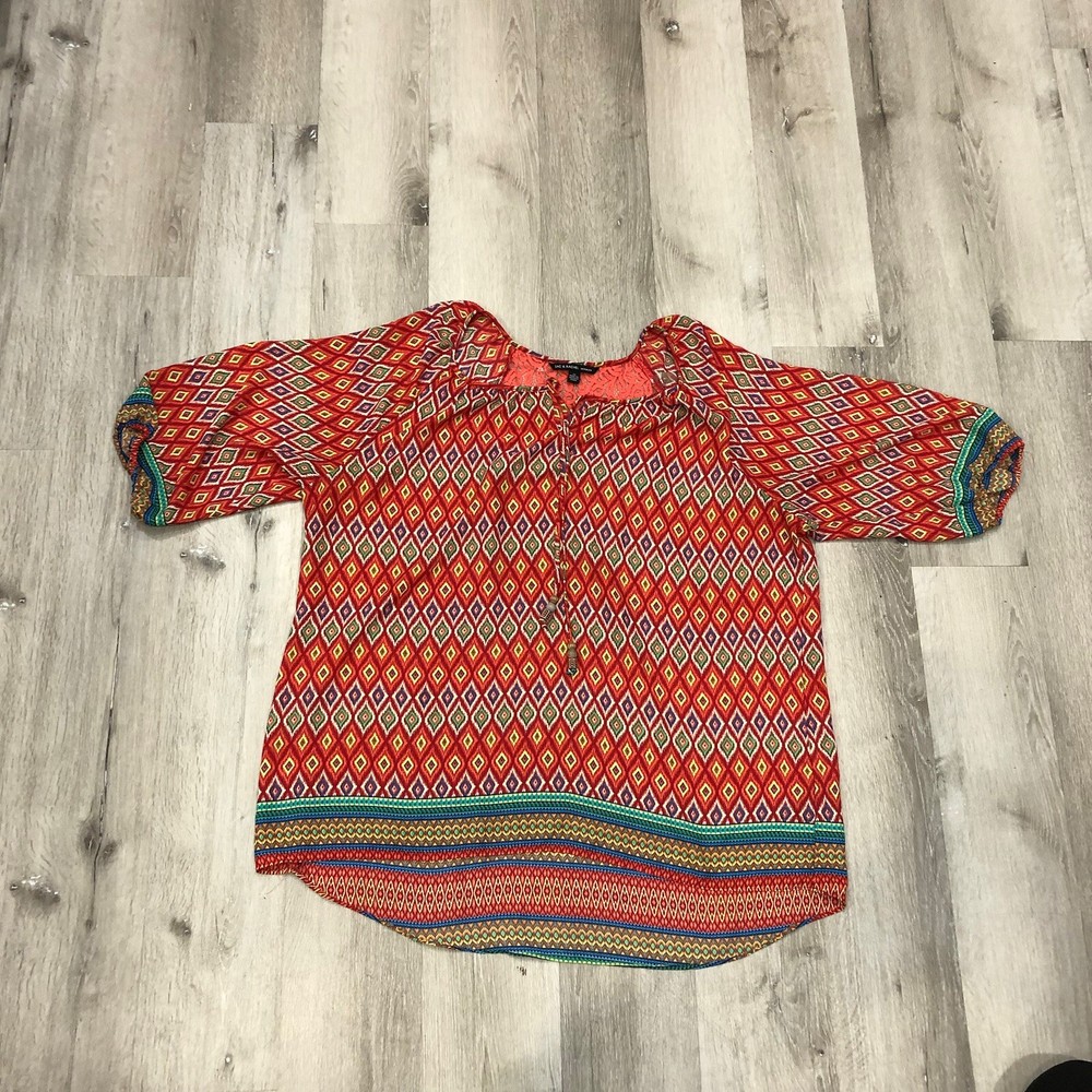 Women's Zac & Rachel 2X Strawberry Red Diamond Print Pullover Drape Blouse
