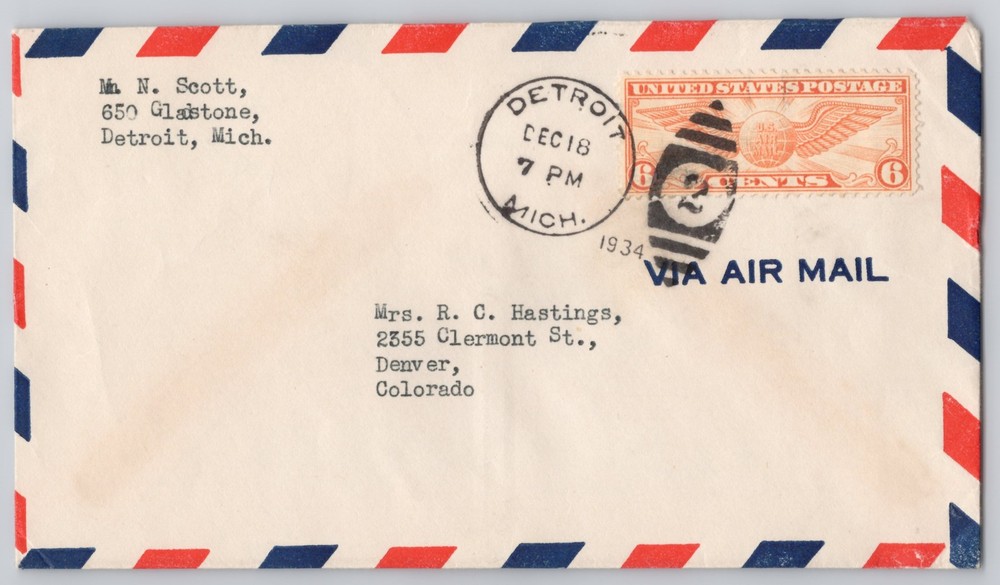 Detroit, Michigan Airmail cover to Denver, 6c winged-globe stamp, 1934