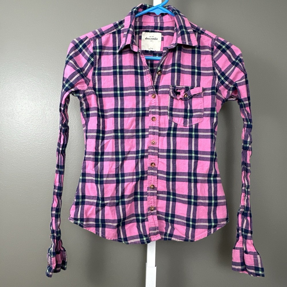 Abercrombie Kids Girls Size Large Pink Blue Plaid Long Sleeve Shirt Button Up