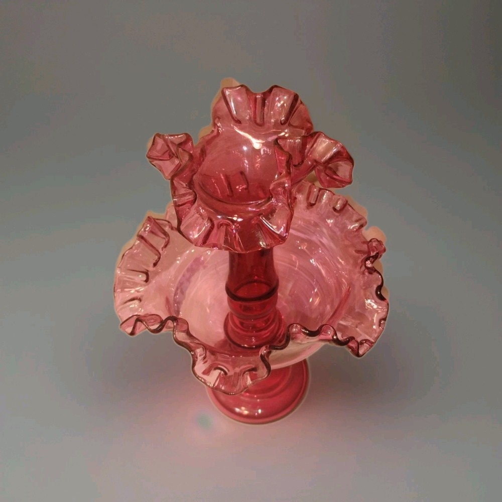 Vtg Fenton Cranberry Glass Epergne Single Horn Crimped Ruffled Edges PERFECT