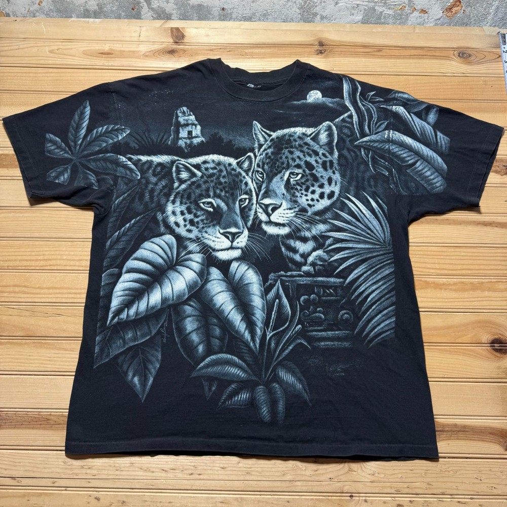 Vintage 1993 Jaguar Jungle Full Moon Wildlife All Over Print Graphic T-Shirt 2XL