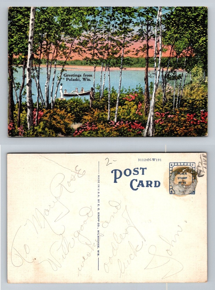 Pulaski, WI-Wisconsin, Lake View Canoe Birch Trees Greetings Vintage Postcard