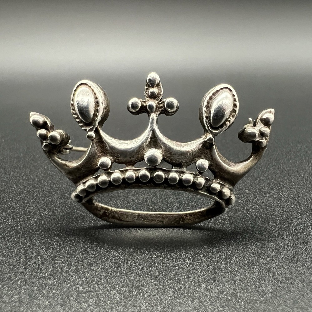 Vintage Solid Sterling Silver Crown Brooch Royal Coronet Pin 1940s Era 10.4g
