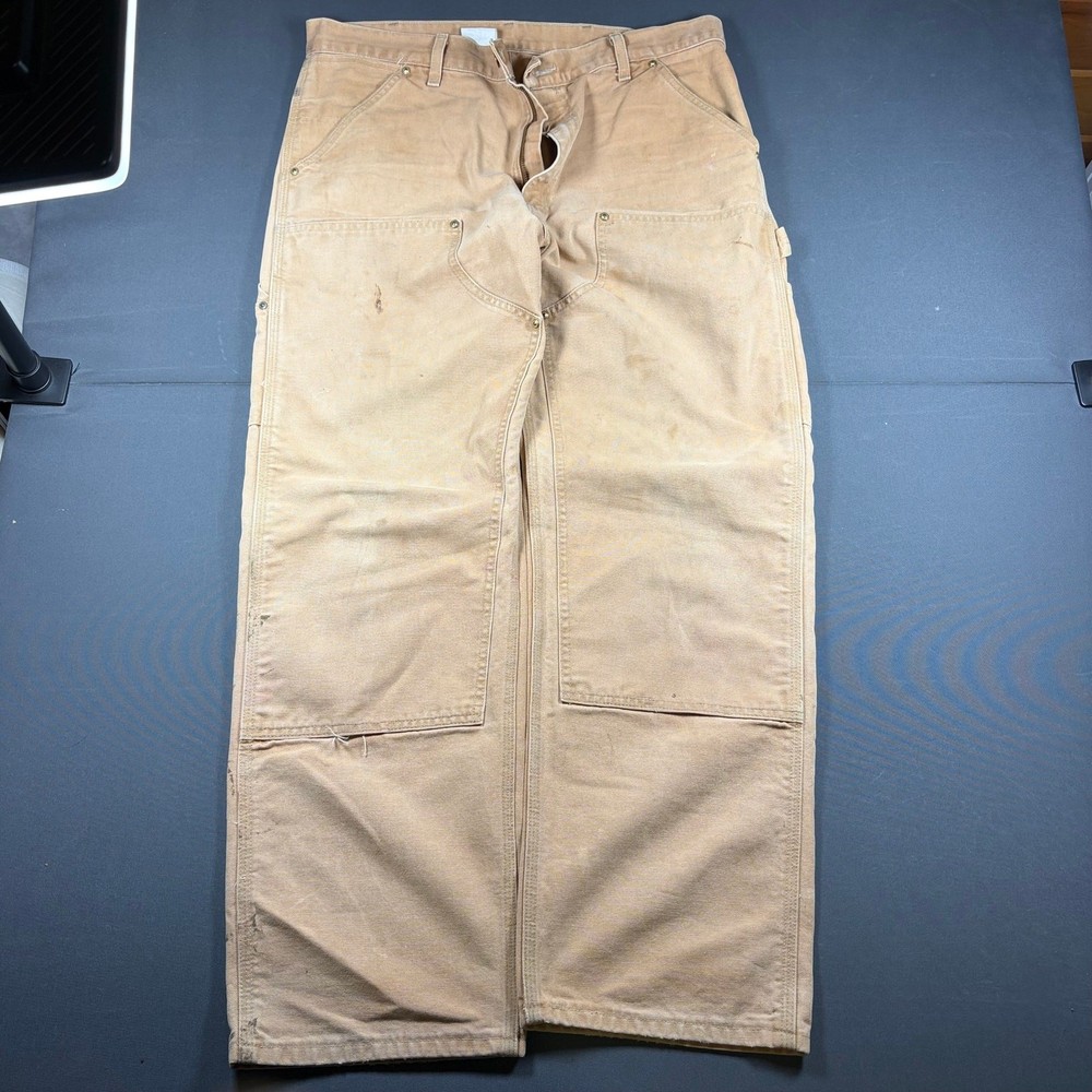 Vintage Carhartt B01 BRN Double Knee Work Pants Tan Canvas Made In USA Sz 34x32