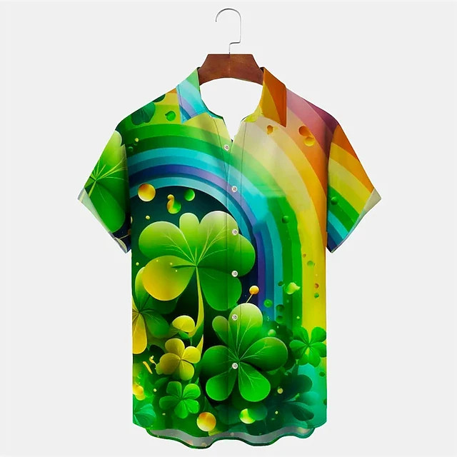 Lucky Dino St Patricks Day Hawaiian Shirt Green Clover Short Sleeve Button Down