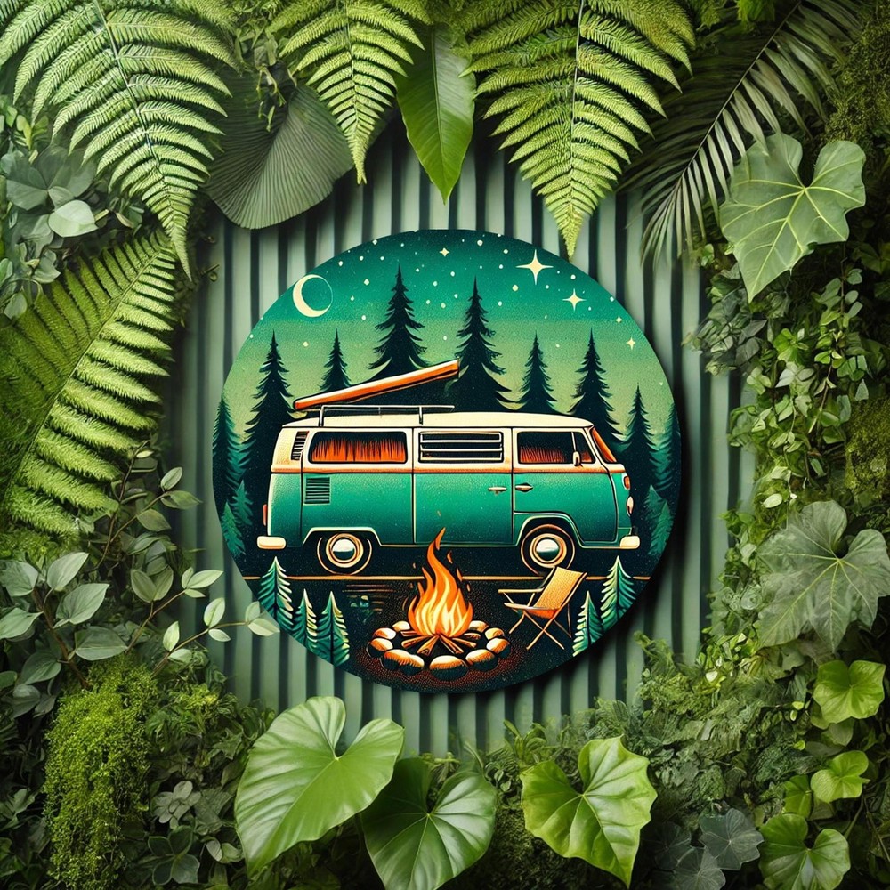 Vintage Van Camping Wall Art with Pine Trees Stars 8Inch Round