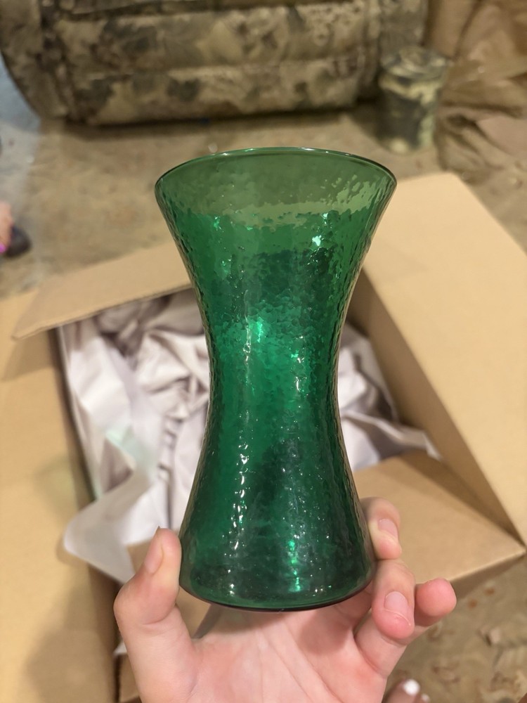 Unmarked Green Textured Glass Vase with Flared Rim Decorative Vase