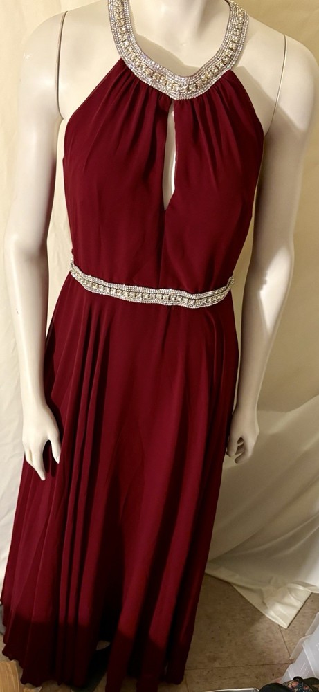 Burgundy Halter Neck Evening Gown Rhinestone Beaded Belt Formal Prom Maxi Dress
