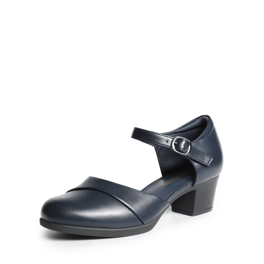 Women Ankle Strap Block Heel Round Toe Dress Pumps