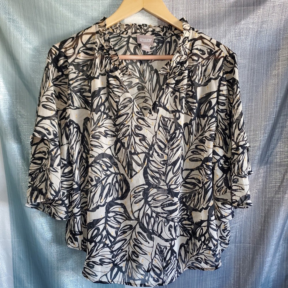 Chico's Leaf Print Ruffle Neck Blouse Sheer Gold Accent Women's Size 2