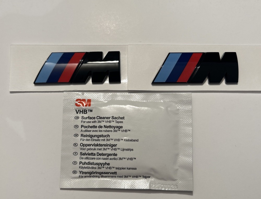 BMW M WING BADGES (55mm x 20mm) IN GLOSS BLACK (SET OF 2). FREE ALCOHOL WIPE