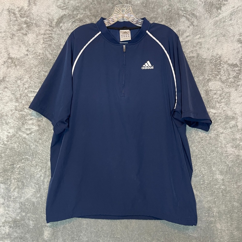 adidas Men Triple Stripe Short Sleeve Batting Jacket Coach Vented 1/2 Zip L Blue