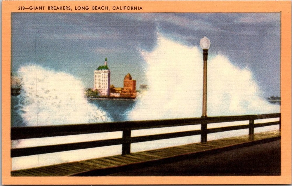 Giant Breakers Long Beach California Vintage Linen Postcard Rainbow Pier