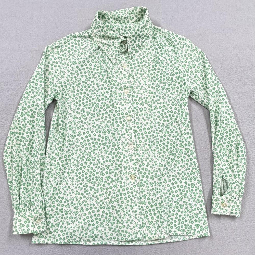 Vintage Disco shirt womens small green floral button hippie 70s point collar