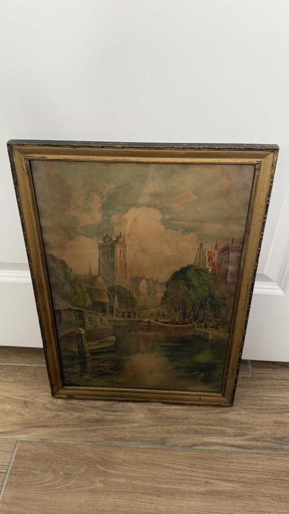 Vintage L. Burleigh Bruhl Watercolor Harbor Scene Framed NY Teschner Co