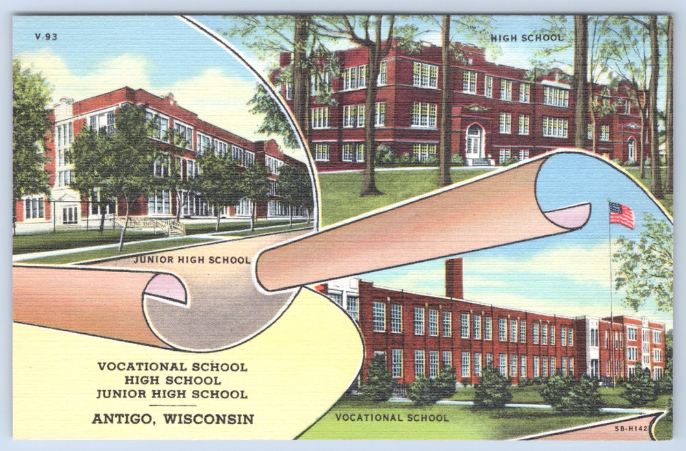 Wisconsin Antigo High School Vocational School Linen Postcard