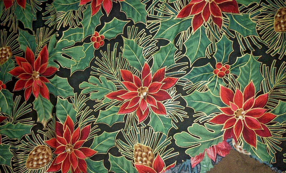 VTG Winter Christmas Gold Metallic Accent Poinsettias Holly & Pinecones Remnant-image