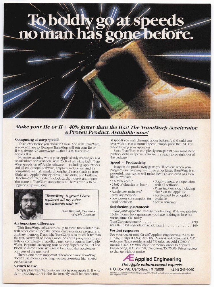 Applied Engineering Magazine Ad 1986 TransWarp Apple Computer Steve Wozniak