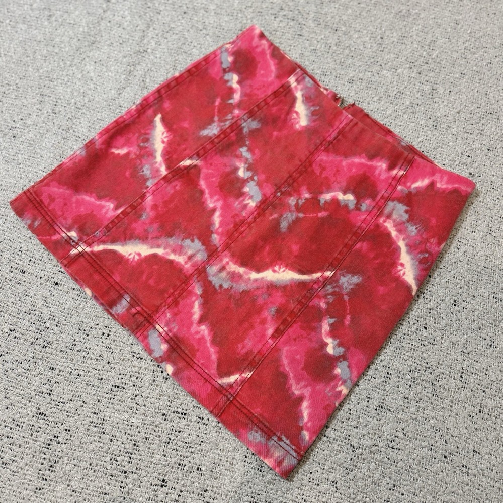 Free People Pink Tie Dye Denim Mini Skirt Size 12 Stretch Festival Y2K Boho