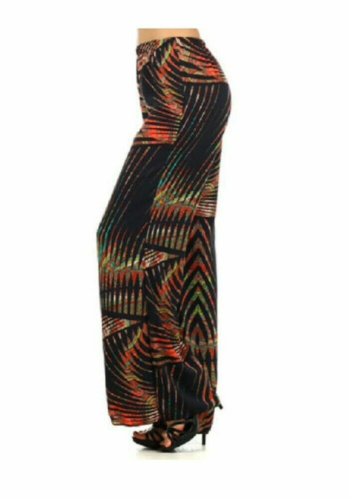 Striped Abstract Paisley Palazzo Pants Dress Black Orange Work Attire Sizes SM MD-image